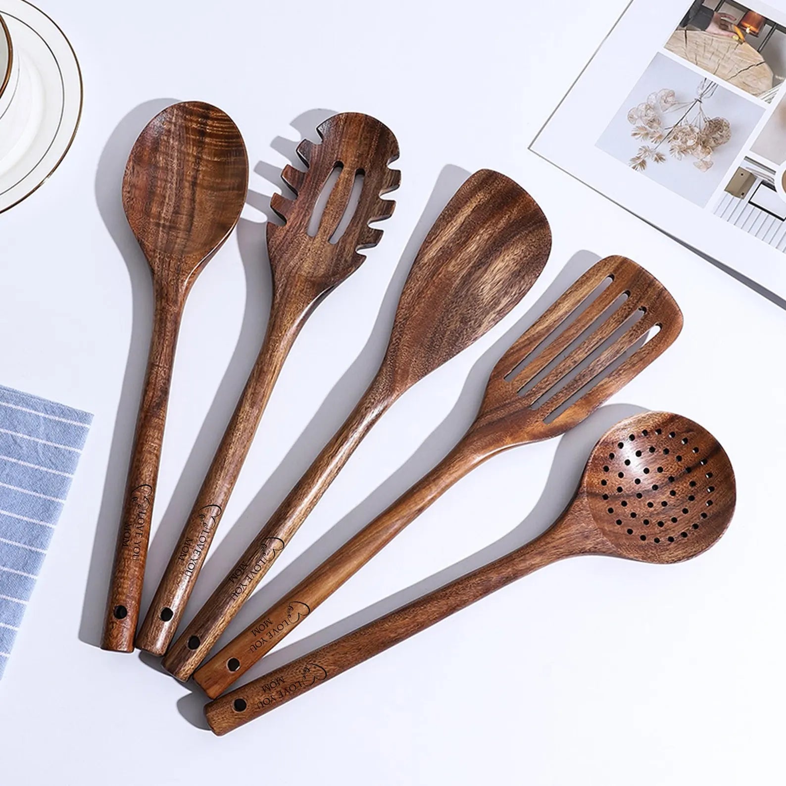 Handmade Wooden Kitchen Utensil Set – Teak Wood Spoons and Spatulas,
