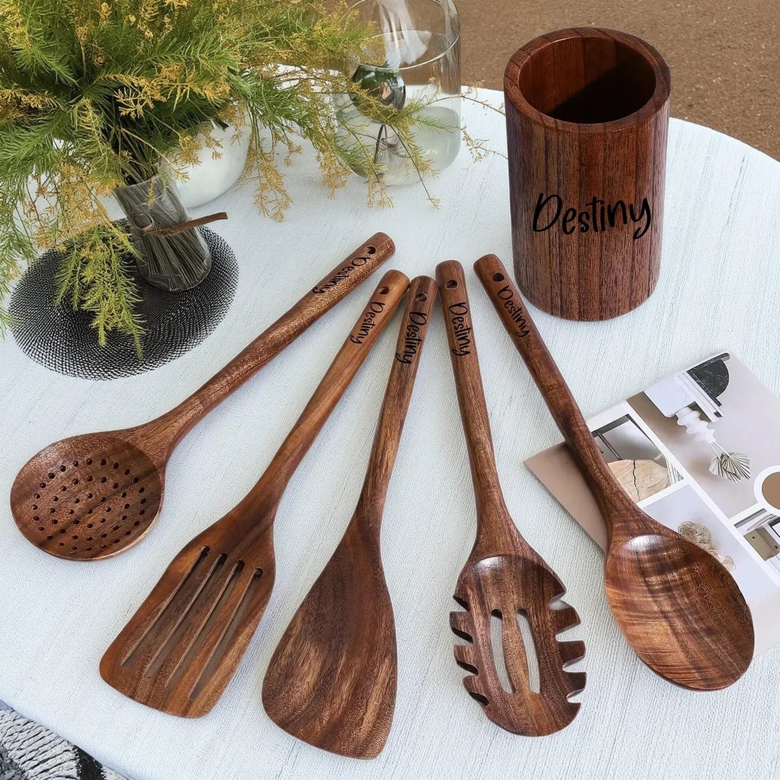 Handmade Wooden Kitchen Utensil Set – Teak Wood Spoons and Spatulas,